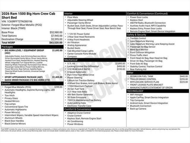 2026 RAM Ram 1500 RAM 1500 BIG HORN CREW CAB 4X4 5'7' BOX