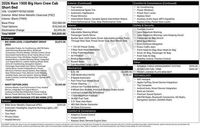 2026 RAM Ram 1500 RAM 1500 BIG HORN CREW CAB 4X4 5'7' BOX