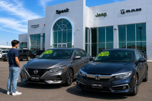 young man looking at used cars