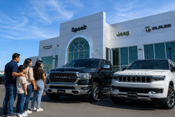 family looking at used trucks